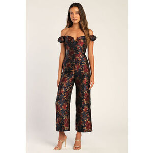 Lulus New Glam Midnight Blue Floral Jacquard Off-the-shoulder Jumpsuit - Size XS